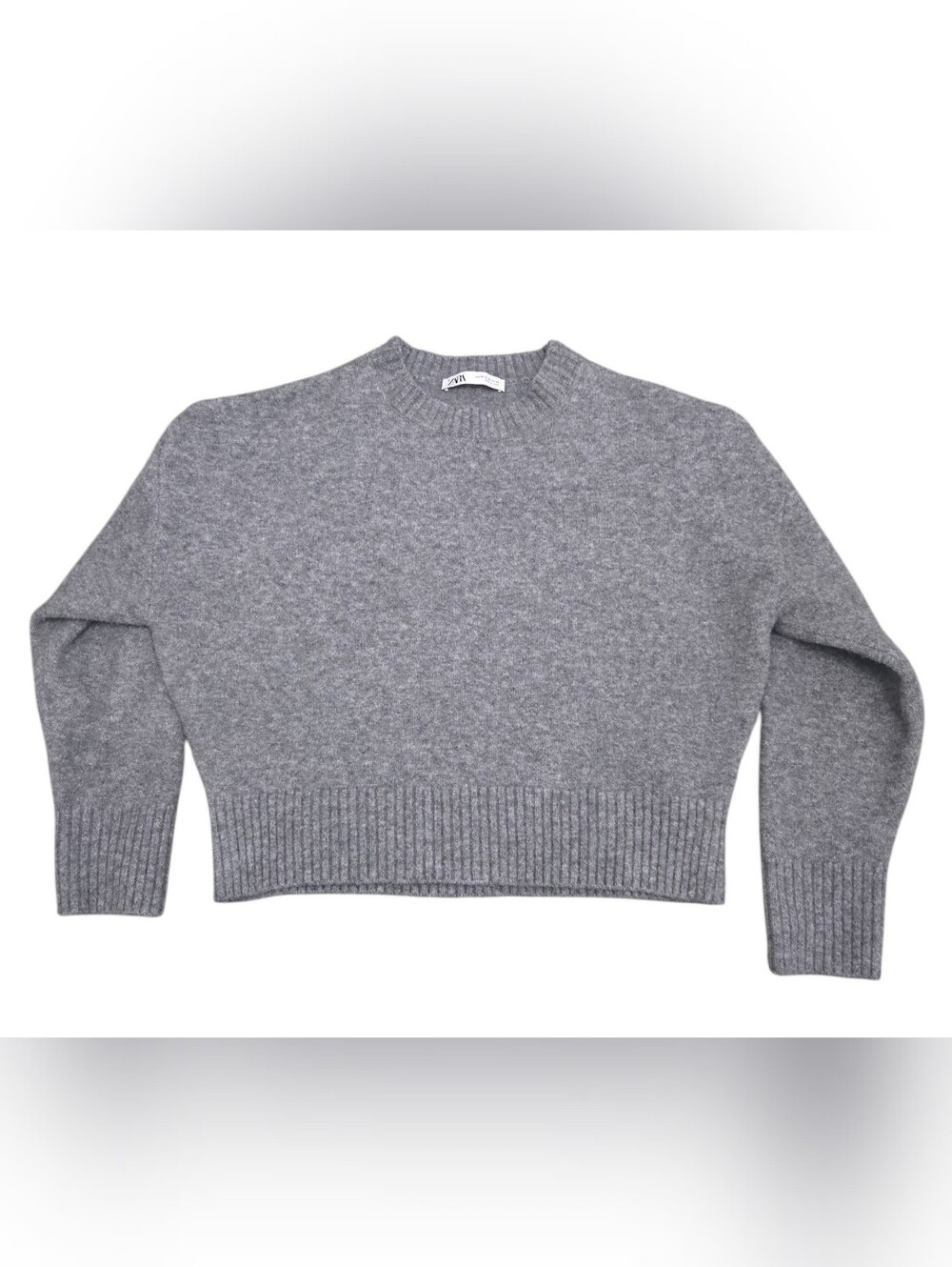 Zara Gray Ribbed-Hem Crewneck Sweater